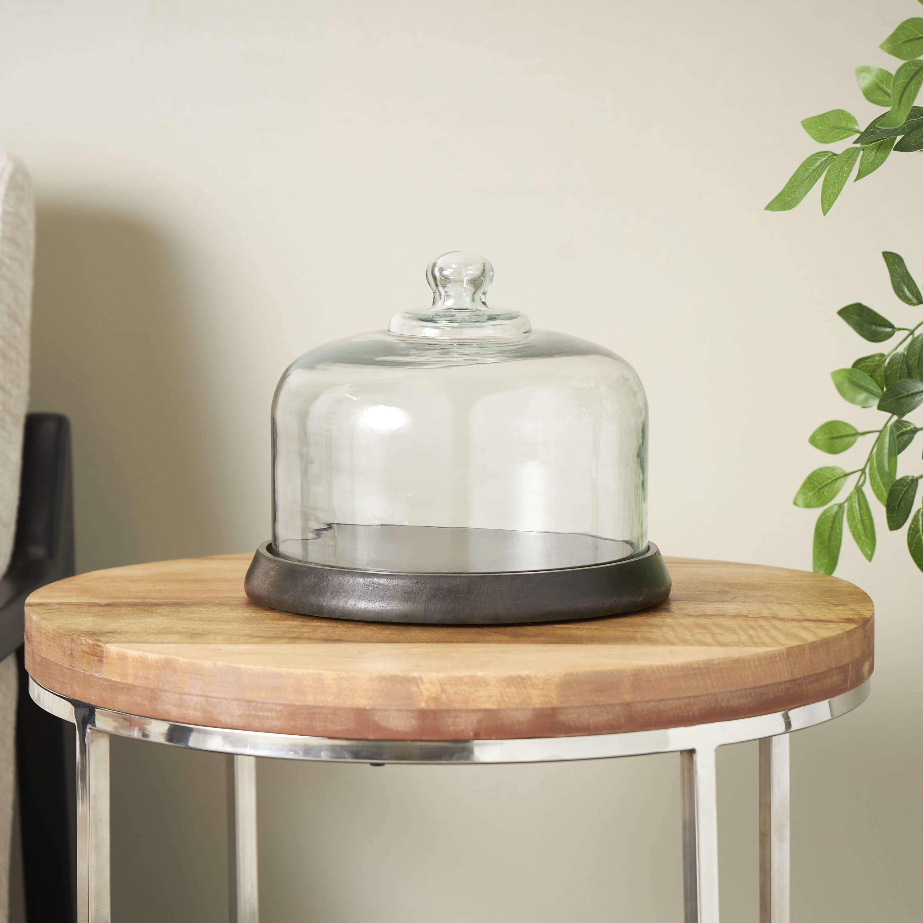 DecMode 10" x 8" Dark Brown Mango Wood Decorative Stand with Glass Cloche, 1-Piece
