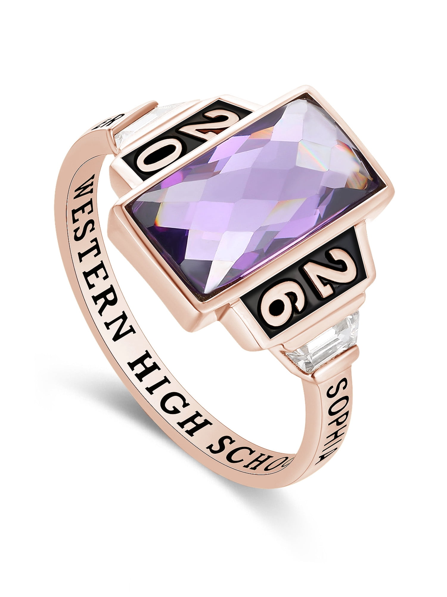 Mementos USA Custom Sterling Silver Class Ring for Women High School College-Rose Gold-Checkboard