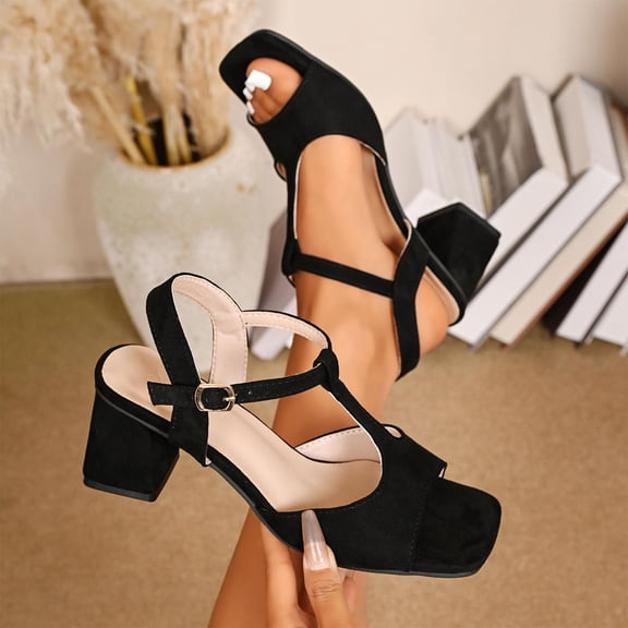 Lenago Women's Chunky High Heel Sandals Open Toe T Strap Ankle Strap Pumps Block Heel Party Dress Shoes Summer Vacation Beach Fashion Black 6