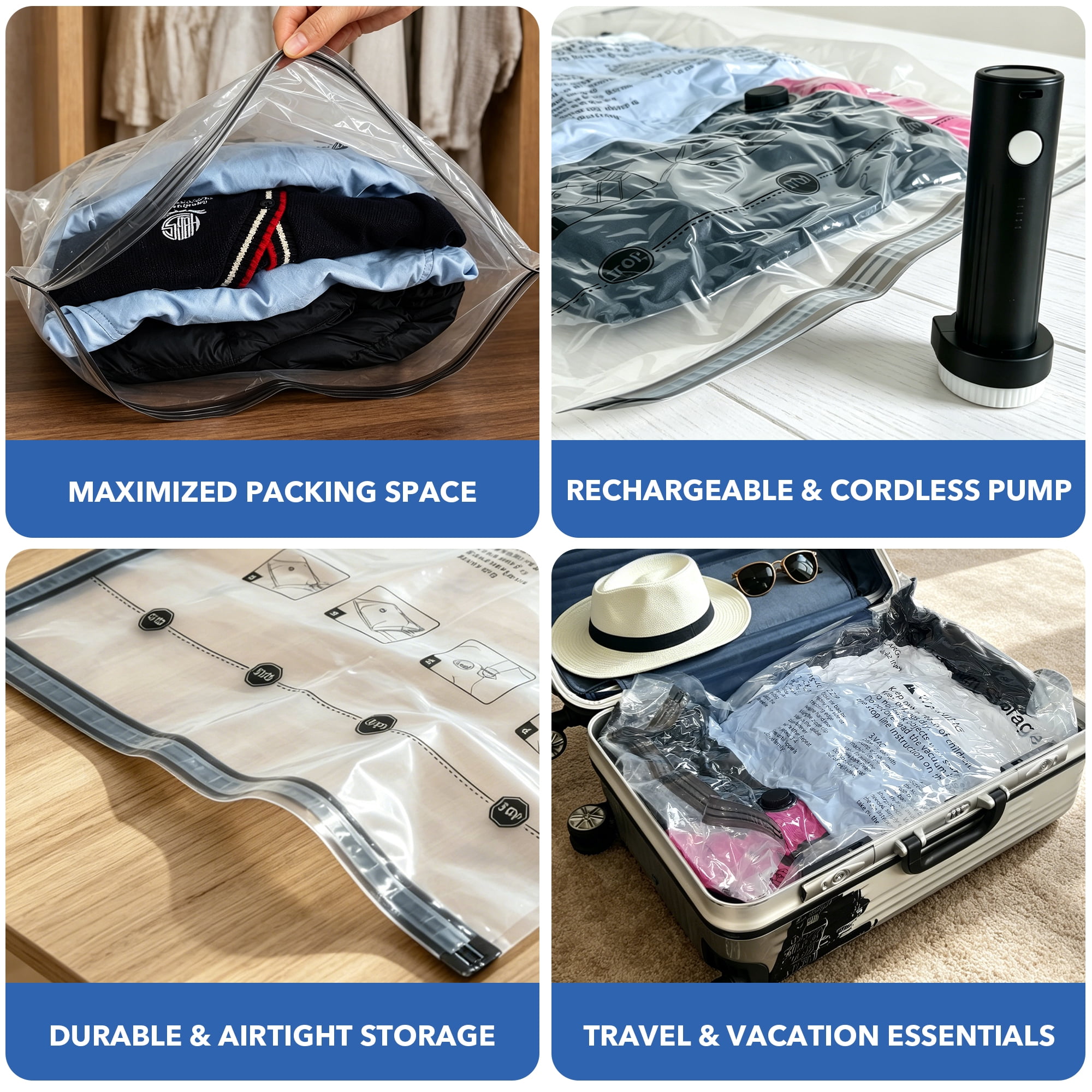 SUOCO Vacuum Storage Bags for Travel with Rechargeable Pump, 12 Combo (4L/4M/4S) Compression Packing Seal Bags for Luggage Suitcase, Space Saver for Clothing and Clothes Storage Travel