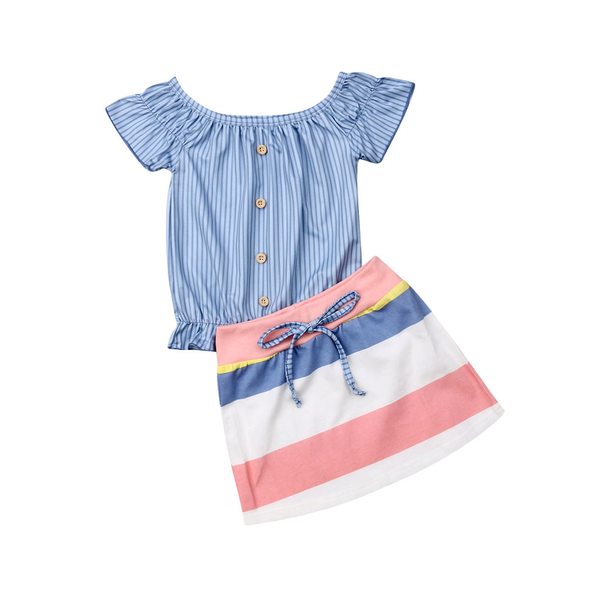 Carolilly Striped Baby Girl Clothing Summer Off Shoulder Ruffle Collar 1-6 Years