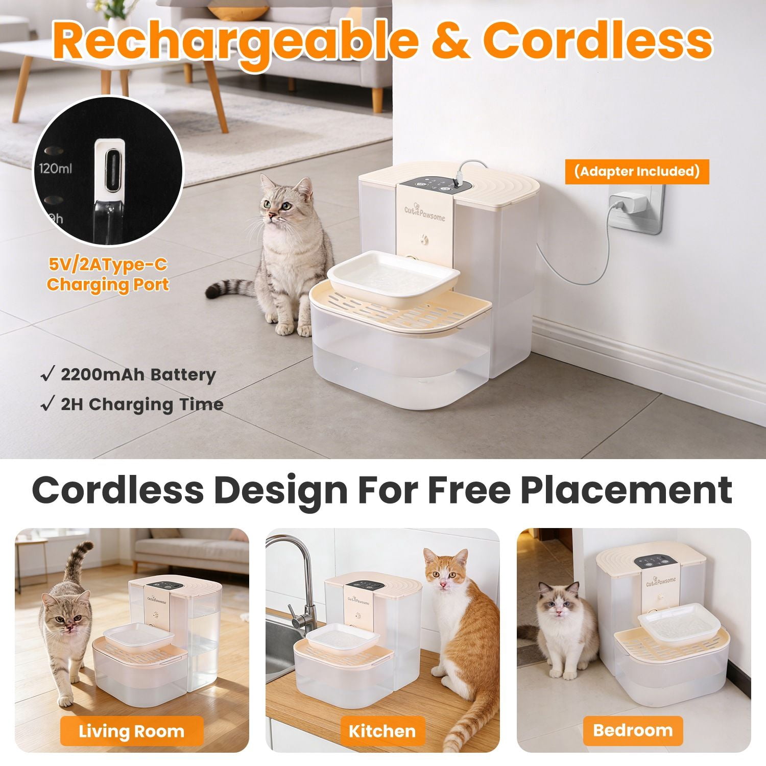 4.5L Cordless Smart Pet Water Fountain Automatic Cat Dog Water Dispenser Rechargeable Dual-Tank with Remote Control 3 Volume & 3 Timer Settings  RLB