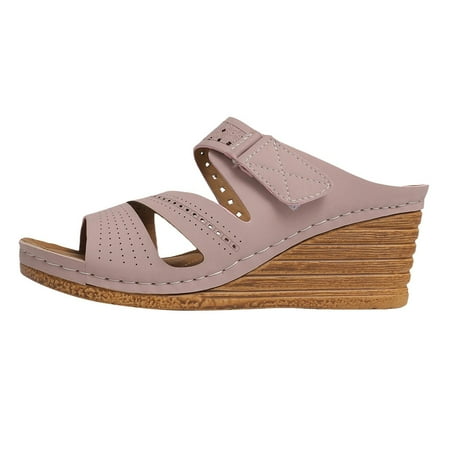 

OJSFQUFP Womens Sandals Women s Summer Open Toe Leather Slope Heel Sandal Slippers Casual Comfortable Outdoor Beach Sandal Slippers Mama Slippers Pink 42
