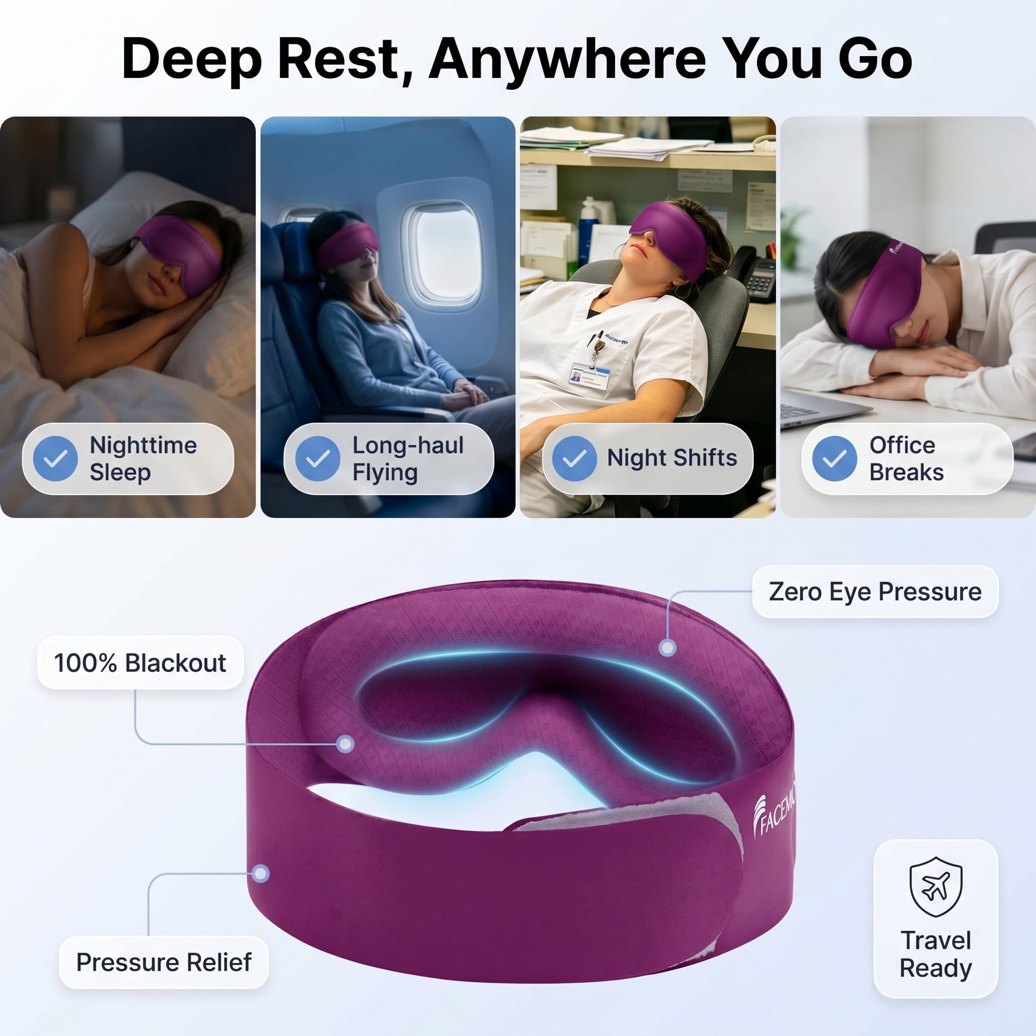 FACEMOON Weighted Sleep Mask 100% Blackout 3D Contoured for Men and Women Luxurious Night Sleep Soft Memory Foam Zero Pressure Travel Essential Purple