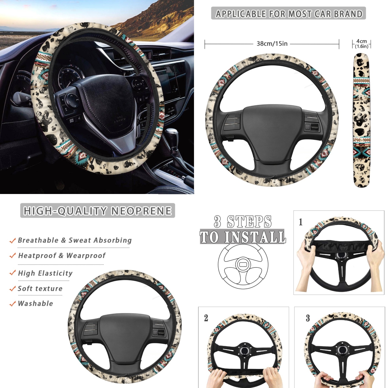 Renewold American Tribal Cow Print Retro Car Seat Covers Set for Men Women Comfy Soft Seat Protector with Steering Wheel Cover and Seat Belt Pad Armrest Pad Handbrake Cover Gear Shift Covers
