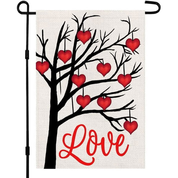 JOOCAR Valentine's Day Garden Flags, Heart Tree Love 12x18 Inches Double Sided Garden Flags for Outdoor Garden Holiday Yard Decoration