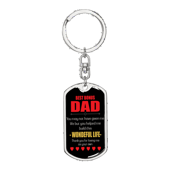 Best Bonus Dad Stainless Steel or 18k Gold Premium Swivel Dog Tag Keychain