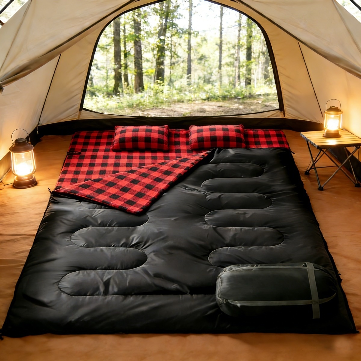 Queen Size 2-Person XXL Double Sleeping Bag for Adults - Lightweight Warm Thermal Bedroll with 2 Pillows, Synthetic Suitable for Couples, Family Camping, Hiking, Use, Outdoor Gear for Weather