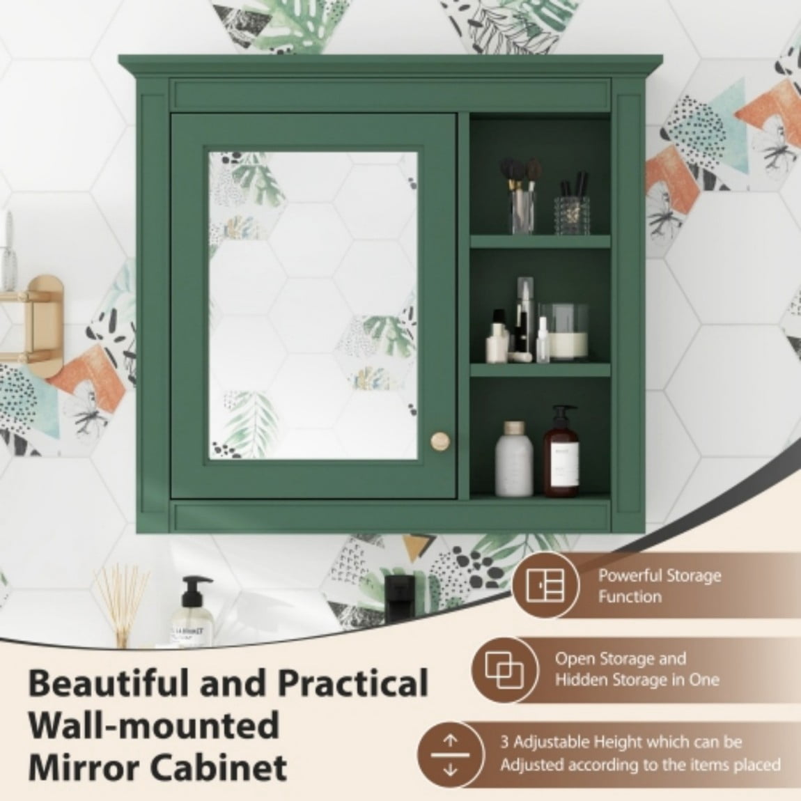 30"x 28" Wall Mounted Bathroom Medicine Cabinet with Mirror, Bathroom Storage Cabinet with Adjustable Shelf & 3 Open Shelves, Modern MDF Mirror Cabinet, Green