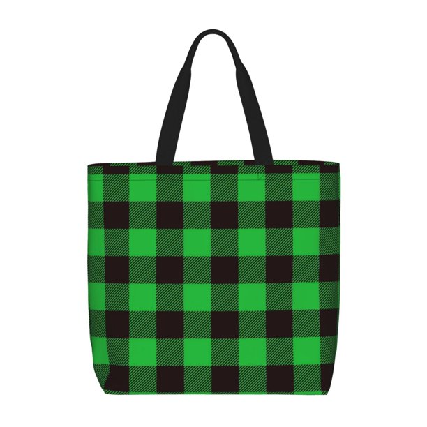 Fotbe Buffalo Plaid Green Black Bolsa Tote con Estampado para Mujer, Bolsos con Cremallera, Bolsa de Hombro Casual de Gran Capacidad con Bolsillos Internos