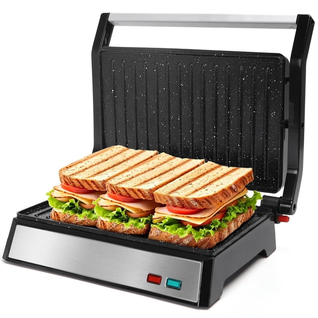 Prensa Panini Aigostar Negro de 1200 W con Placas de Cerámica Antiadherentes Abre 180°