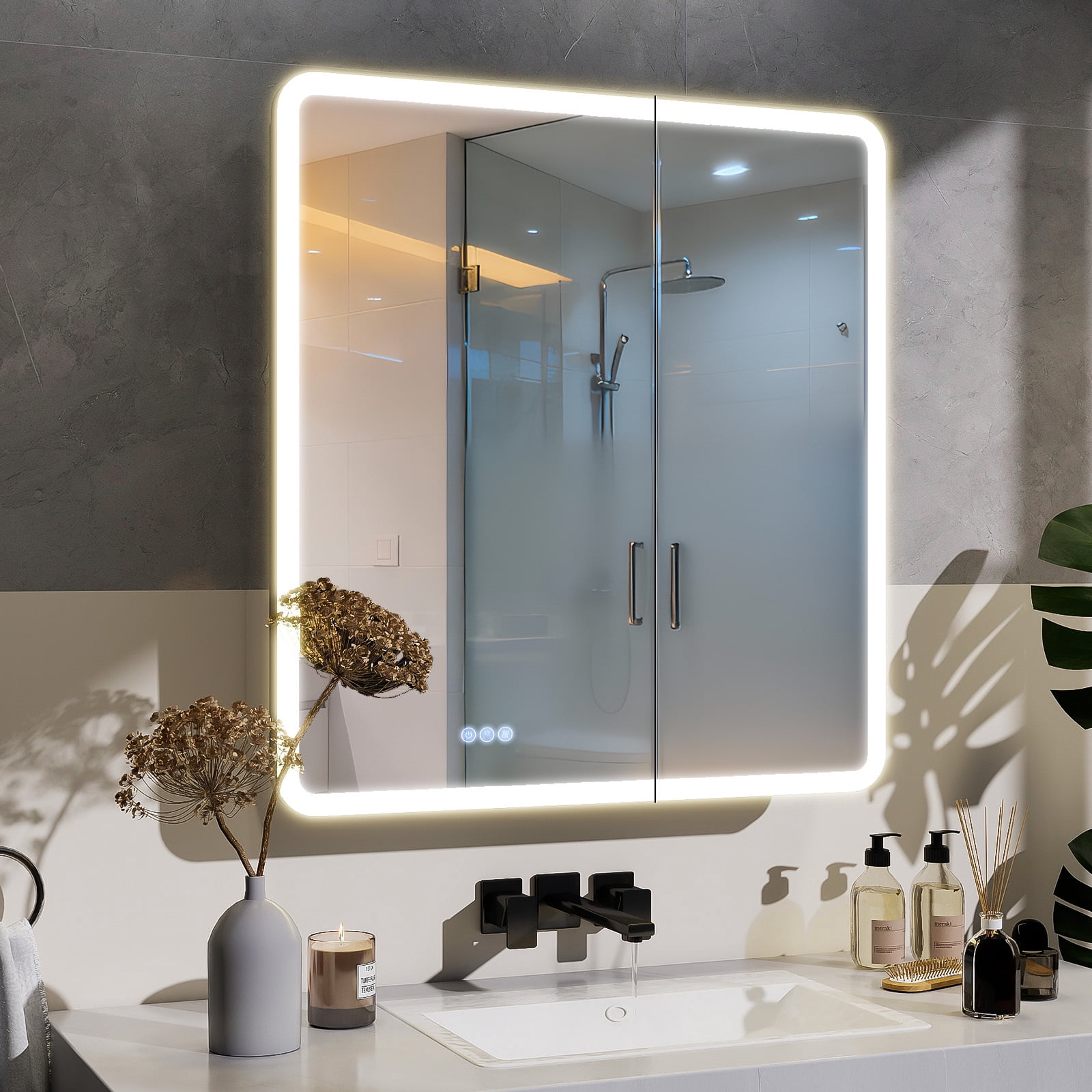 BEAUTYPEAK 30" x 32" Bathroom LED Mirror Medicine Cabinet with Storage Adjustable 3 Color Temperature
