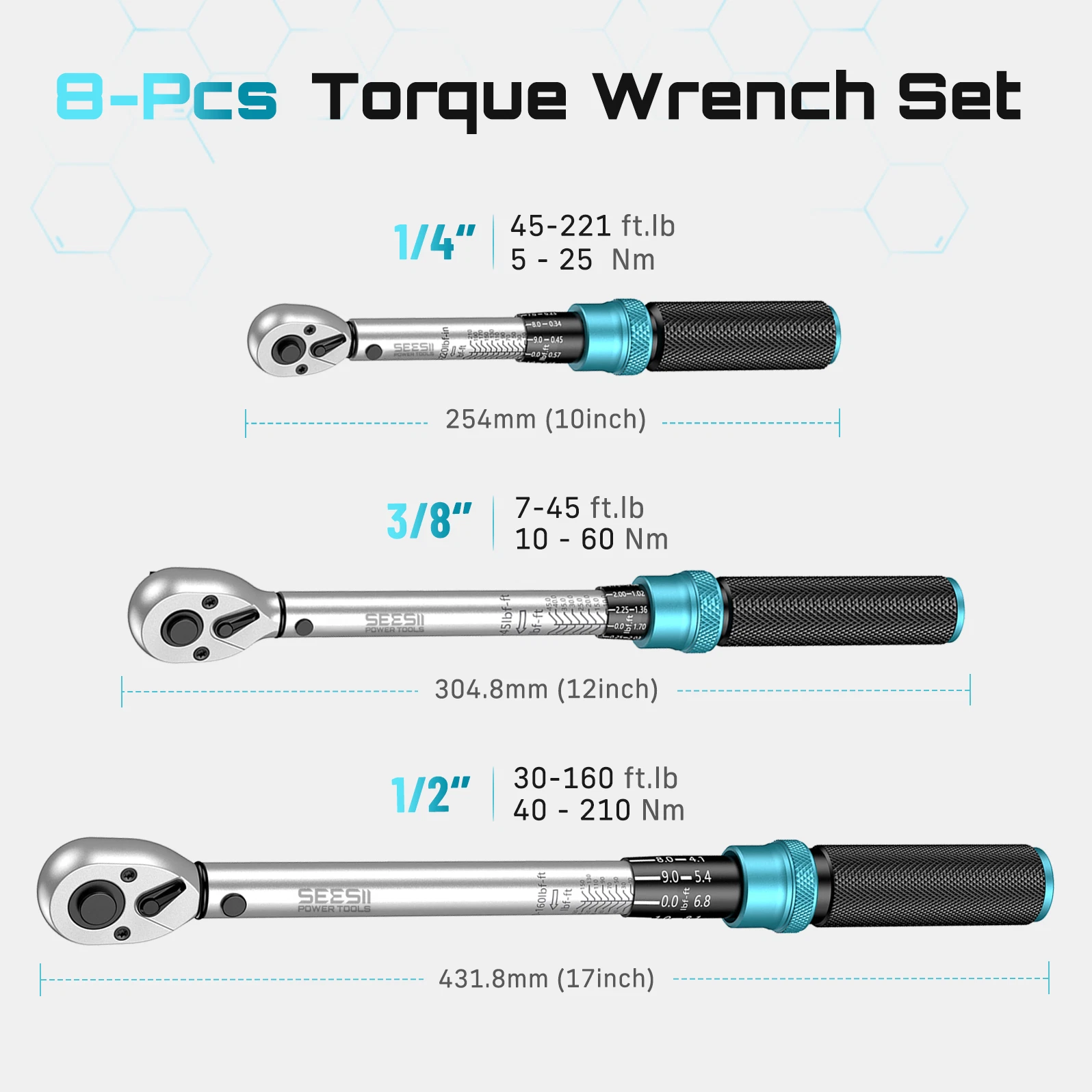 Seesii 1/4 3/8 1/2-inch Drive Click Torque Wrench Set - 8Pcs, 72-Tooth Dual Scale,Multi-functional Torque Wrench 45-221in.lb, 7-45ft.lb, 30-160ft. lb Ultra-Precise ±3% Accuracy,