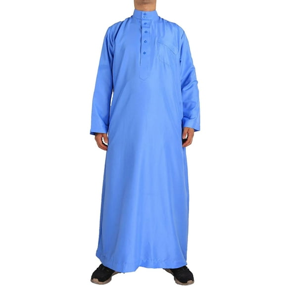 BKQCNKM Long Sleeve Tee Shirts For Men Male Casual Robe Muslim Stand Collar Thobe Long Solid Pocket Long Sleeve Jubba Robe Button Up Shirt Men Fall Shirts Blue 56