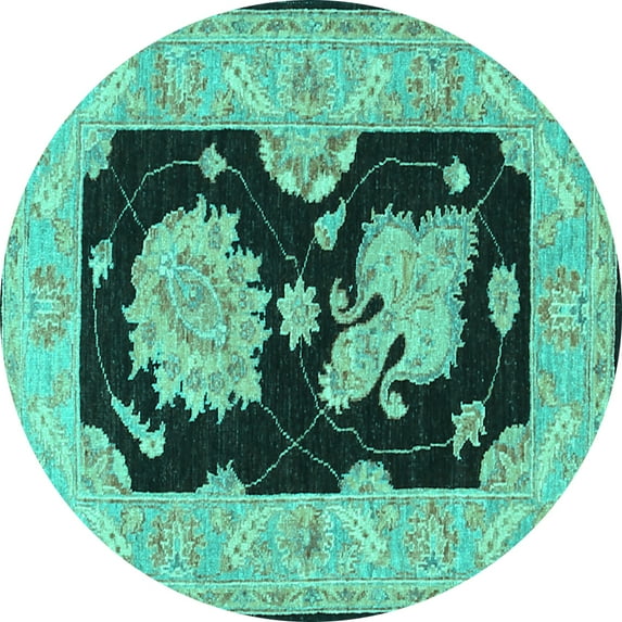 Ahgly Company Machine Washable Indoor Round Oriental Turquoise Blue Traditional Area Rugs, 8' Round