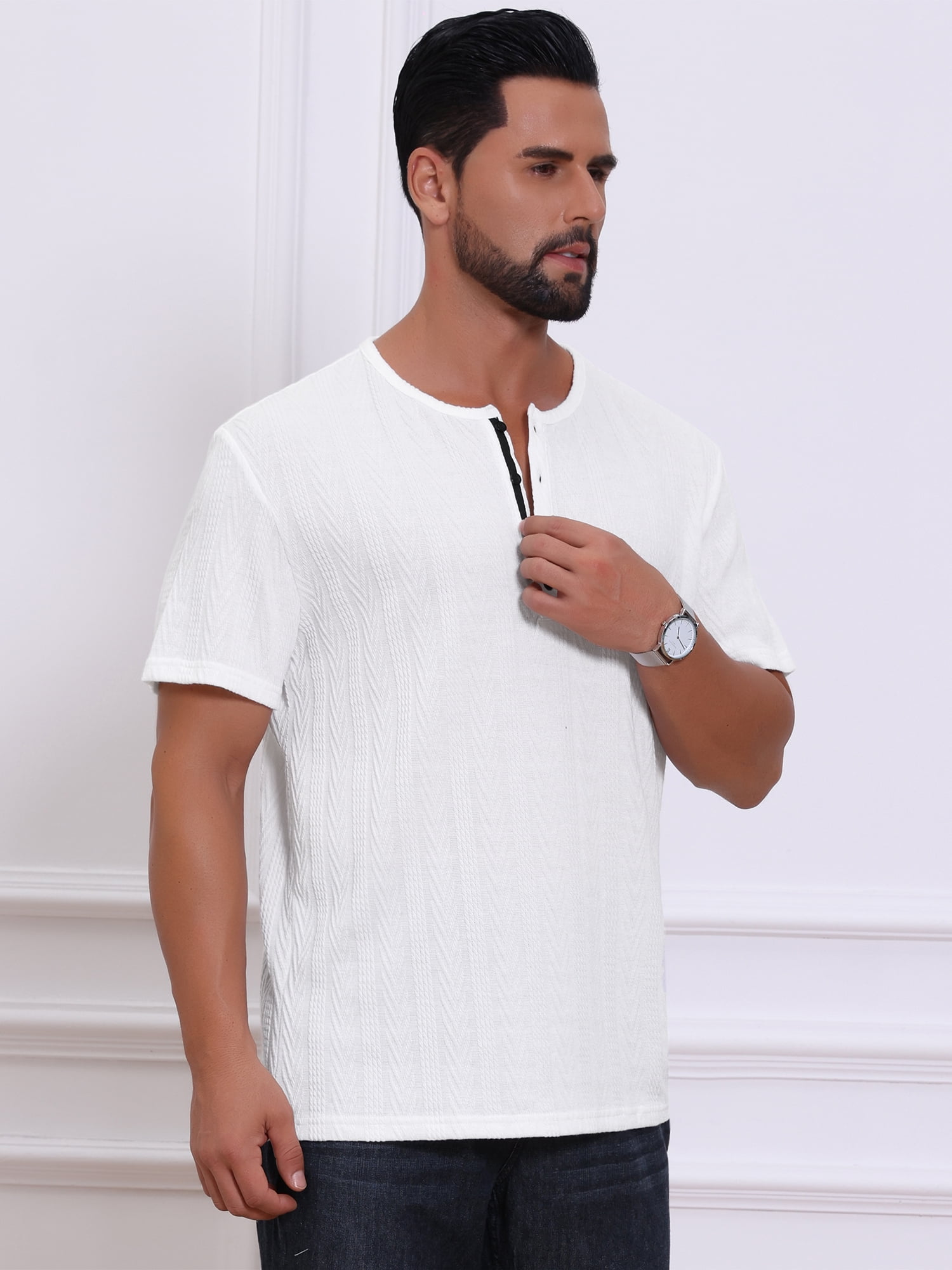 DARING DIVA Men's Henley Short Sleeve Button Down Jacquard Knitted T-Shirt S White
