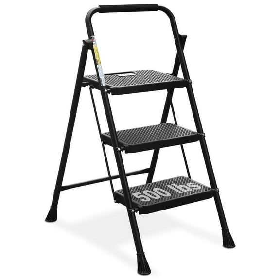 HBTower 3 Step Ladder, Folding Step Stool with Wide Anti-Slip Pedal, Convenient Handgrip, Lightweight 500lbs, Portable Steel Step Stool, Black