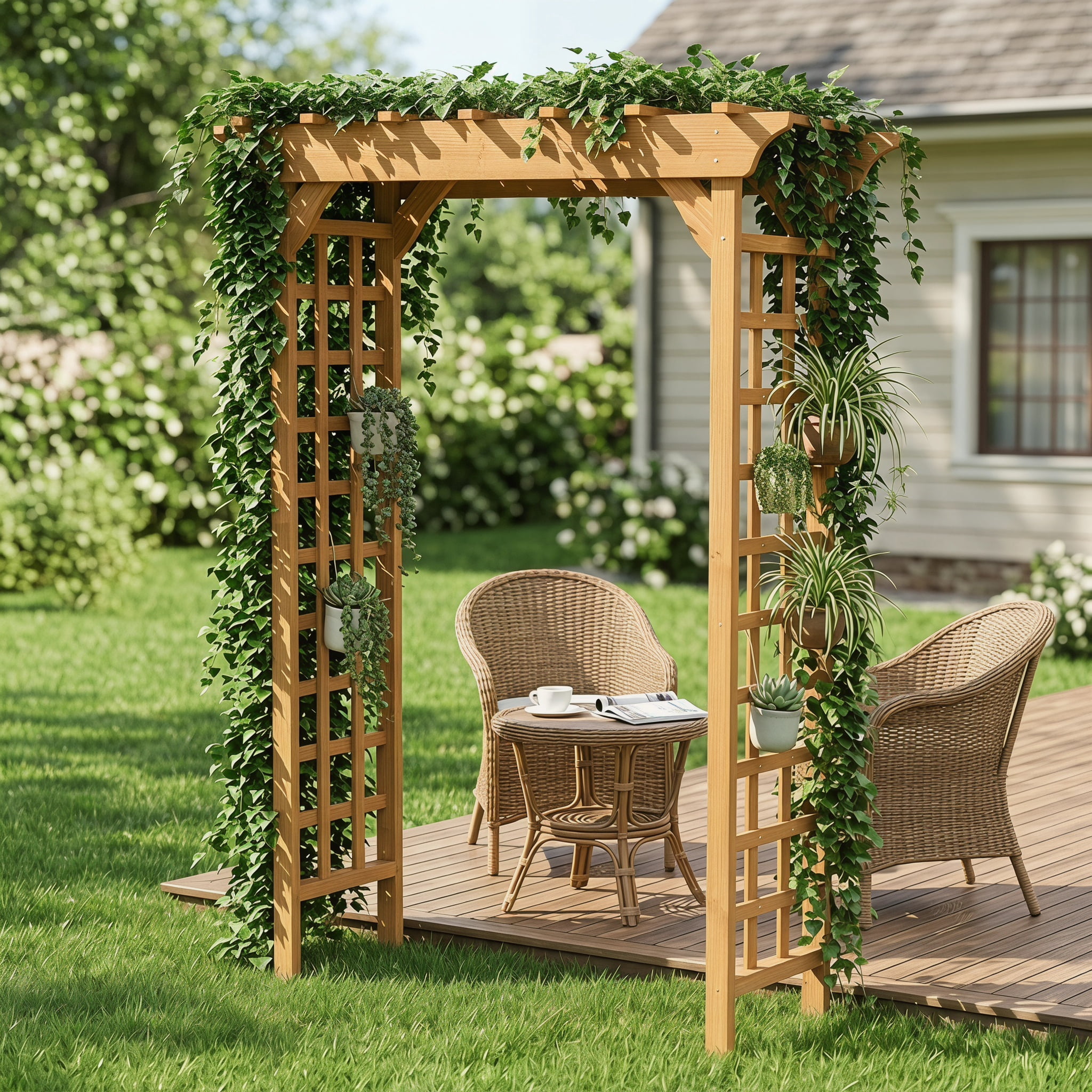 Wooden Garden Arbor with Sturdy Solid Wood Frame, Outdoor Wedding Arch and Plant Trellis for Backyard, Light Brown