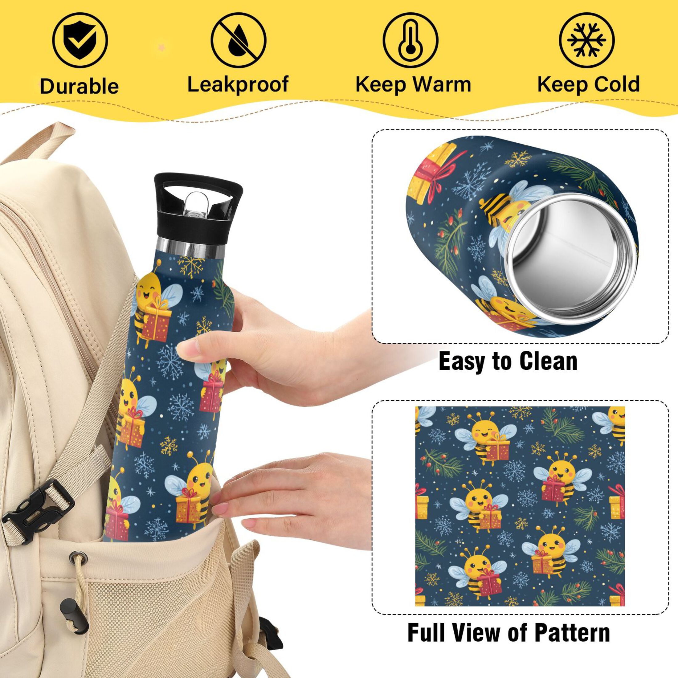 600ML Stainless Steel Insulated Cup Sports Water Bottle Portable Thermos Cup Water Glasses Insulated Tumblers Convenient and Durable Christmas Bees