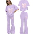 thumbnail image 4 of mgoYE Girls 2 Piece Outfits Kids Cute Bow Graphic Sweatsuit Short Sleeve Tops Pants Set Teen Summer Beach Trendy Tracksuit 7T 8T 9T 10T 11T 12T Size 7-8 Years, 4 of 5