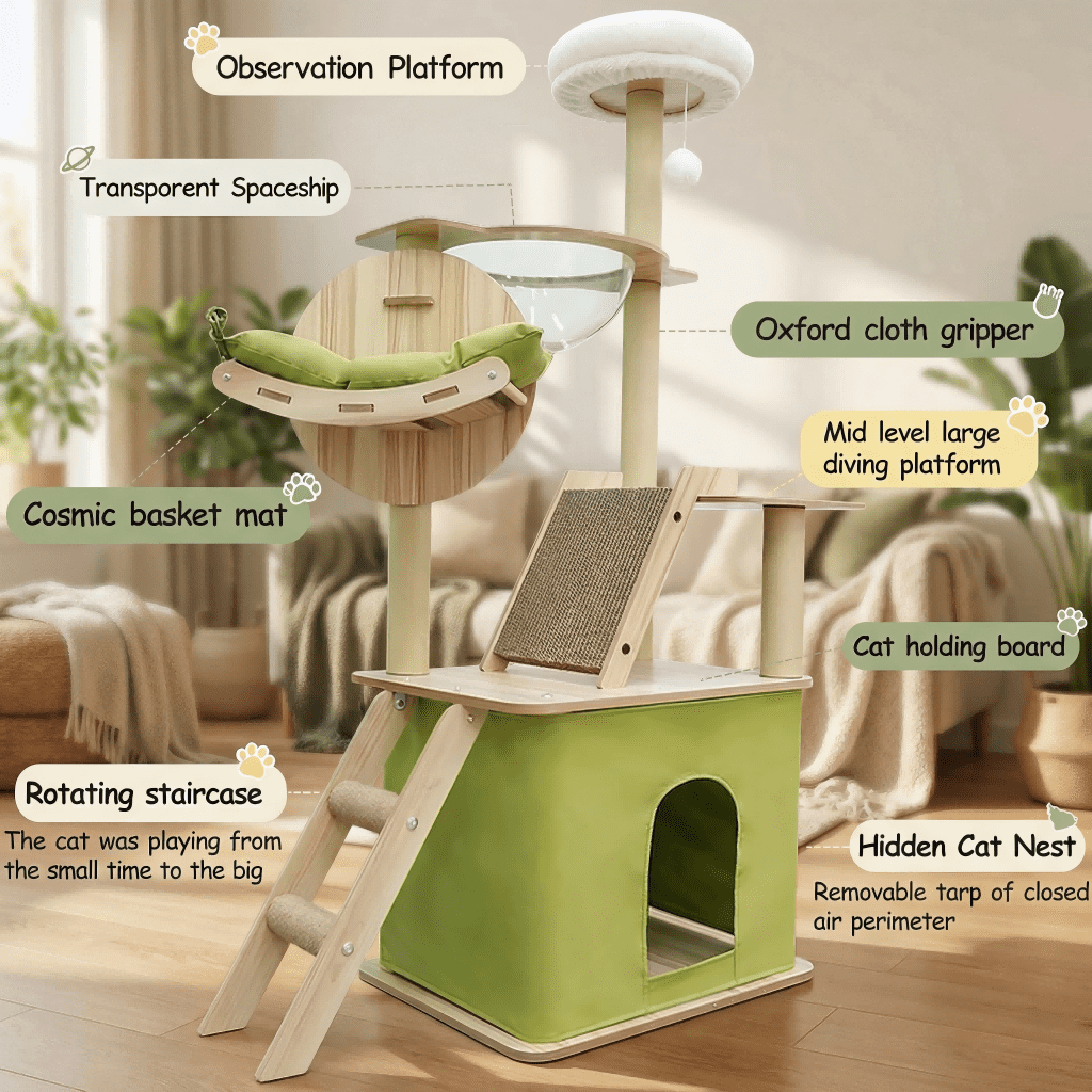 Mekidulu 59in Green Wood Cat Tree Tower, Modern Pet Furniture for Large Cats