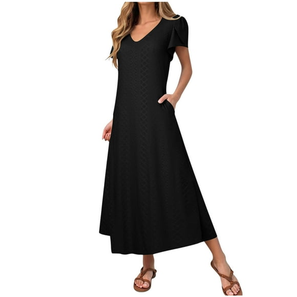 LOVZFMLL Maxi Dresses for Women Summer Casual Petal Short Sleeve V Neck A-Line Long Dresses Swing Flowy T-Shirt Dresses with Pockets Black XL