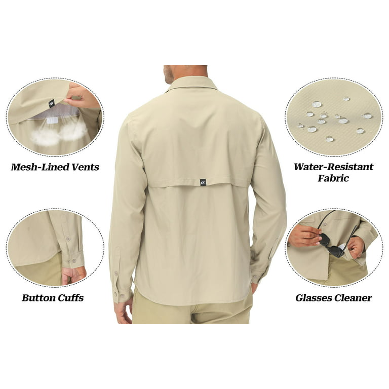 Pdbokew Men's Sun Protection Fishing Shirts Long Sleeve Travel Work Shirts for Men UPF50+ Button Down Shirts with Zipper Pockets Khaki 2XL