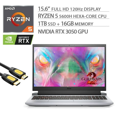 Dell G15 Gaming Laptop Phantom Grey, 15.6'' FHD 120Hz Display, Hexa-Core AMD Ryzen 5 5600H 3.3 GHz, GeForce RTX 3050, 16GB RAM, 1TB NVMe SSD, Wi-Fi 6, USB-C/HDMI/RJ-45, Mytrix HDMI Cable, Win 10