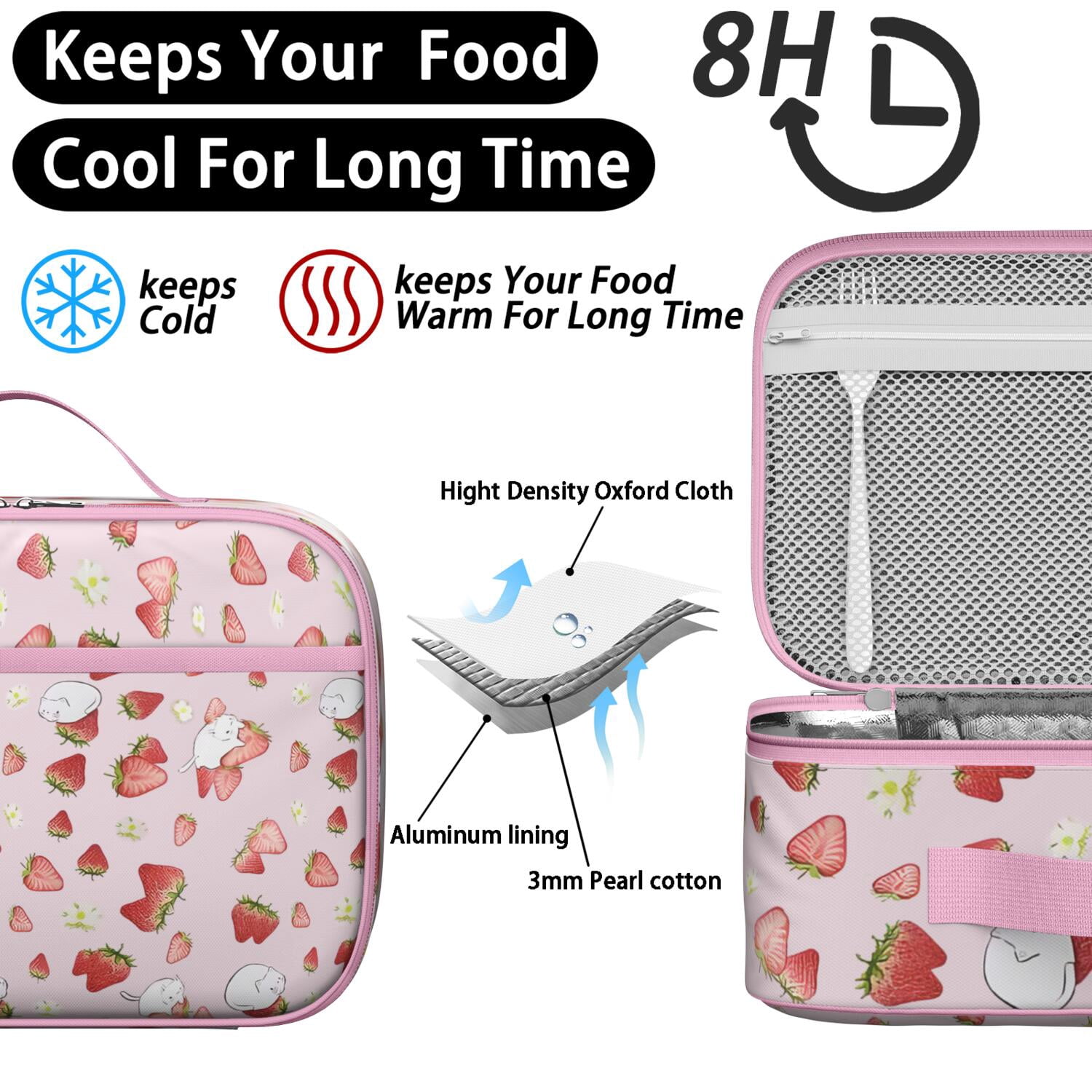 Lightweight Insulated Lunch Bag with Strawberry Strawberries Cute Red Sweet Kawaii Fruity Strawberry Lover I Love Strawberries Fruit Fresh Summer Red Berry Berry Berries Flowers Designs – Durable Lun