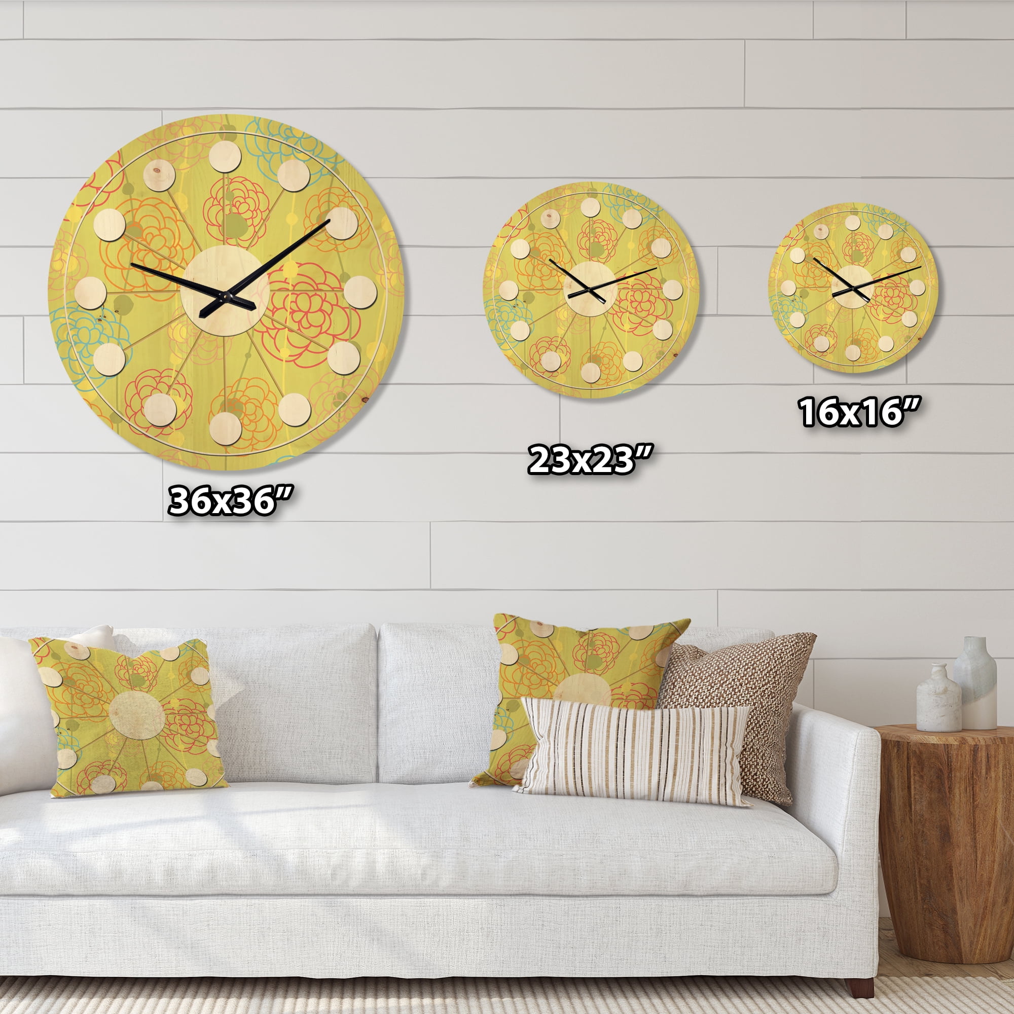 Designart 'Retro Flowers On Green Background' Mid-Century Modern Wood Wall Clock