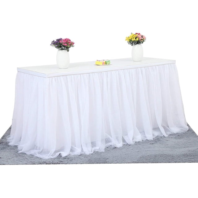 Faldón de mesa Suppromo de tul blanco de 14 pies para mesa rectangular o redonda