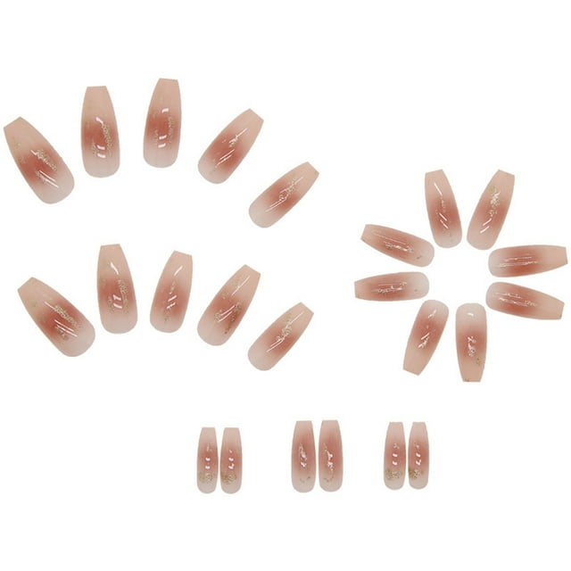 Uñas postizas, juego de 24 piezas, incluye pegamento. Uñas postizas removibles, fragmentos brillantes color caramelo, uñas francesas delicadas, 2 ml