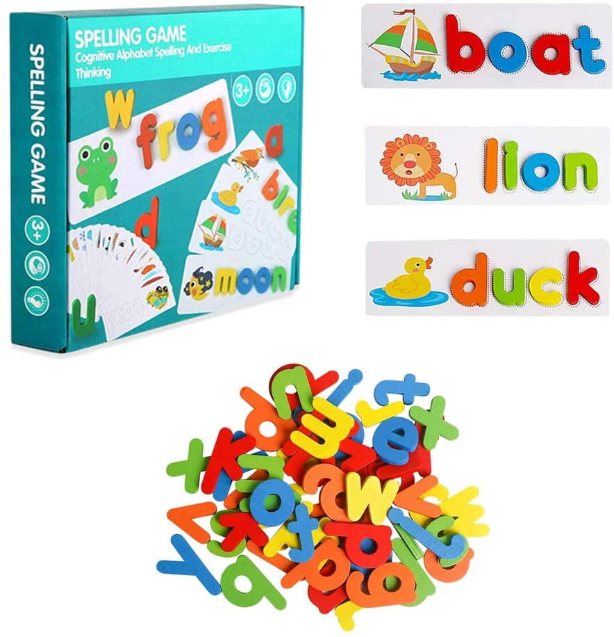 Spelling Games for Kids Alphabet Puzzle Toy 52 Wooden Letters & 28 Cards 