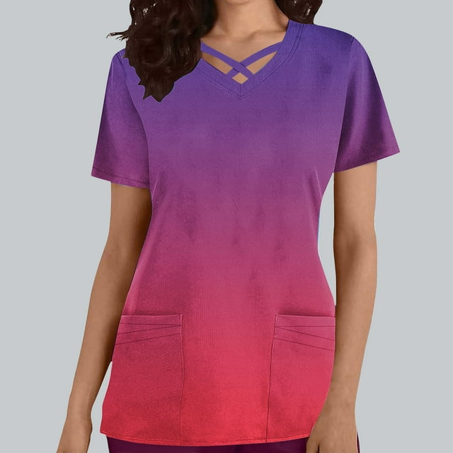 Puntoco Top de lactancia informal de manga corta con escote en V y bolsillo con degradado de color para mujer