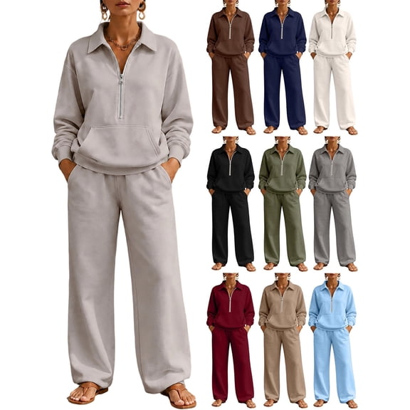 Womens Athletic Sweatshirt Set Collared Quarter Zip Sweatshirt with Pocket Wide Leg Trousers 2 Piece Outfit Casual Loose Tracksuit