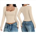 thumbnail image 3 of Camisas de Larga para Mujer, Tops Cortos, Cuello Cuadrado, Camisetas Básicas para Salir, Ropa de Invierno Y2K 2025 Albaricoque M, 3 of 7