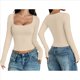 thumbnail image 3 of Camisas de Larga para Mujer, Tops Cortos, Cuello Cuadrado, Camisetas Básicas para Salir, Ropa de Invierno Y2K 2025 Albaricoque M, 3 of 7