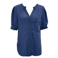 thumbnail image 5 of Womens Plus Size Shirts Oversized Tshirts for Women Casual Denim V Neck Short Sleeve Button Down Shirt Plus Size Tops Blue 2XL, 5 of 6
