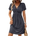 thumbnail image 2 of Twist Front Flowy Mini Dresses Trendy Womens Dress 2026, Mini Dresses for Women 2026 V Neck Short Sleeve A Line Dress, Summer Casual Work T Shirt Sundresses Dark Gray L, 2 of 5