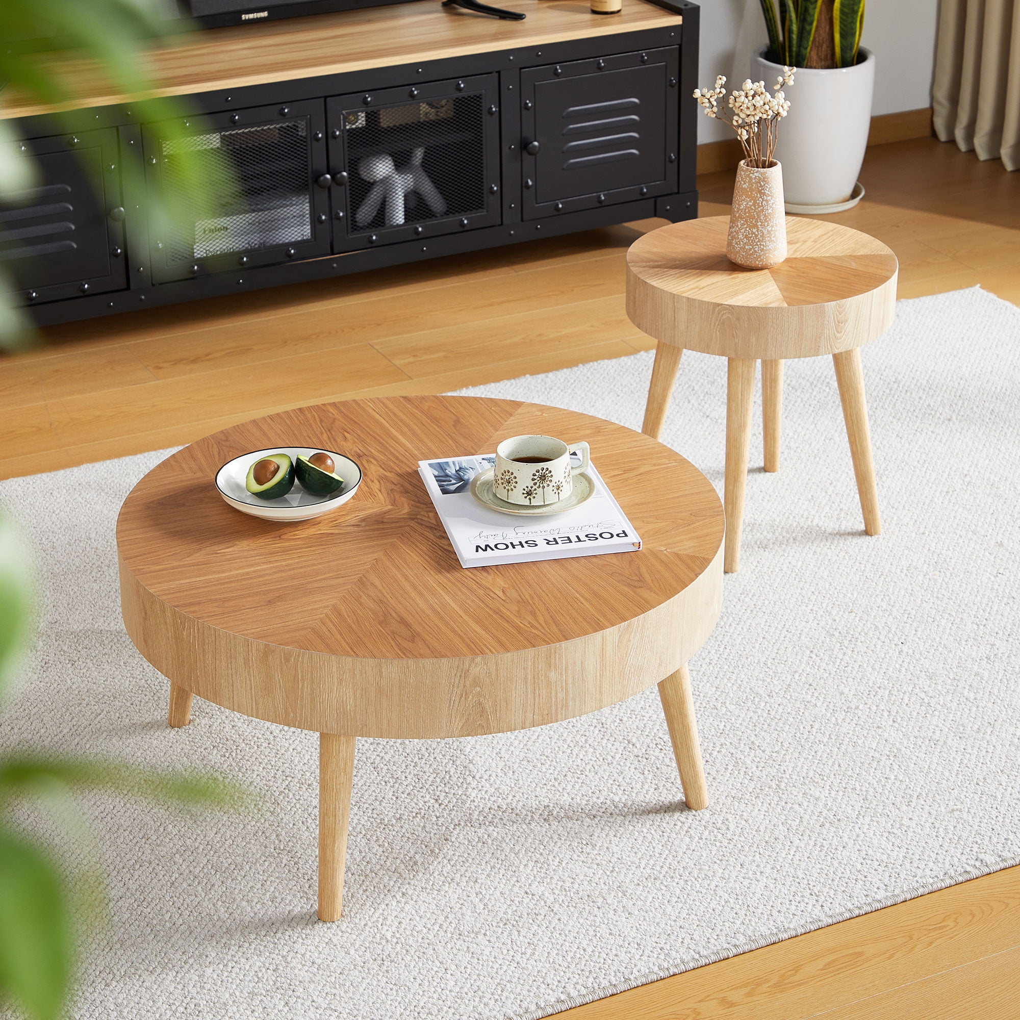 YOCWO 2-Piece Modern Round Coffee Table Set for Living Room, Faux Wood End Table, Natural, 29.13" D * 14.17" H, 15.75" D * 17.71" H