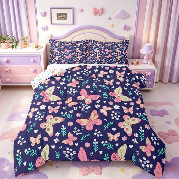 Manfei Bohemian Butterfly Floral Full Size Comforter Sets,Countryside Leaves Bedding Comforter Set,Colorful Stars Reversible,3-Piece,1 Comforter and 2 Pillowcases
