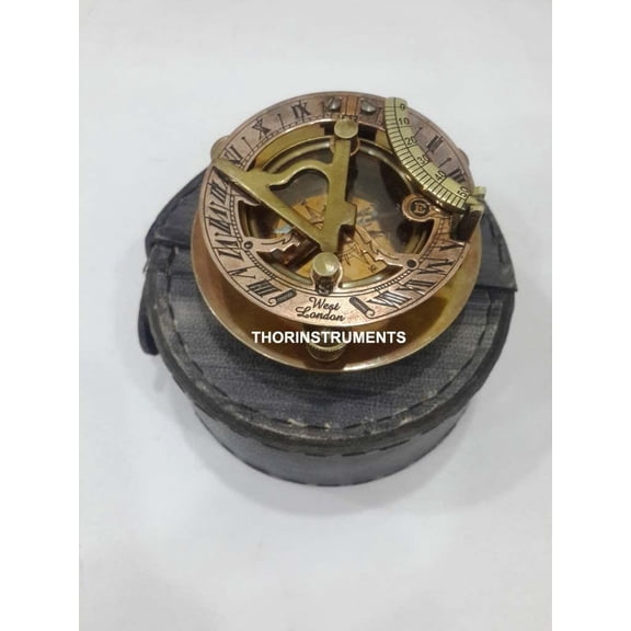 Nautical Antique Brass Sundial Compass West London With Antique Leather Case Pocket Item