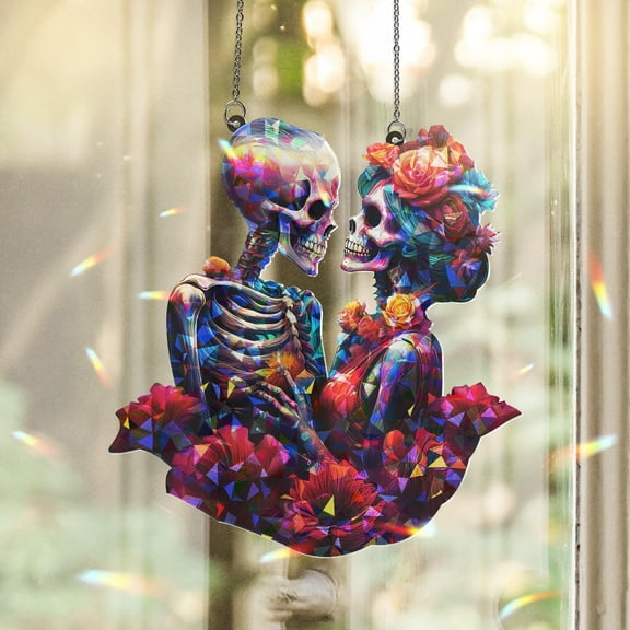 Lotusprinthandmade Floral Skeleton Skull Couple Custom Shape Broken Glass Hologram Ornament 3.5in, skull couple floral holographic ornament, halloween floral skeleton couple ornament