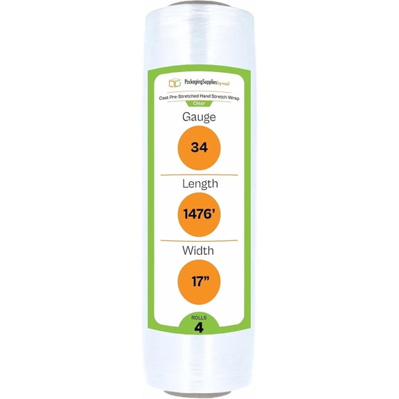 PSBM Cast Hand Pre-Stretch Wrap 17" x 1476 Feet 4 Rolls 34 Gauge Plastic Clear Shrink Film for Moving Packing