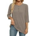 thumbnail image 4 of SOOMLON 3/4 Length Sleeve Women's Shirts Petite Tunic Button Tops Casual Solid Round Neck Shirts Sexy T Shirts 2025 Fashion Spring Summer Ladies Tops Loose Fit Y2k Basic Outfits Pullover Khaki XL, 4 of 6