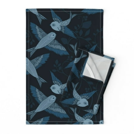 

Printed Tea Towel Linen Cotton Canvas - Blue Birds Note Flying Line Leaves Navy Flight Botanical Monochrome Print Decorative Kitchen Towel by Spoonflower