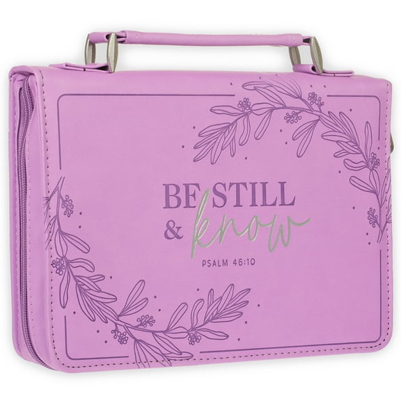 Christian Art Gifts Protective Purple Floral Faux Leather Fashion Bible Cover Carry Case with Handle for Women: Be Still and Know - Psalm 46:11 Inspirational Bible Verse, Medium