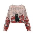 thumbnail image 2 of Xoenoiee Cat Rose Flower Print Girls Crop Top Sweatshirt Long Sleeve Pullover Tops Teen Girl Casual Round Neck Fall Winter Sweater, 13-14 Years, 2 of 7
