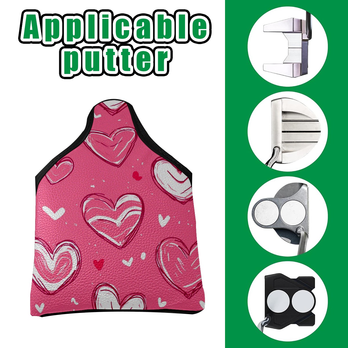 Golf Mallet Putter Cover Premium Leather Waterproof Golf Putter Head Cover with Magnetic Closure Valentine's Day Heart