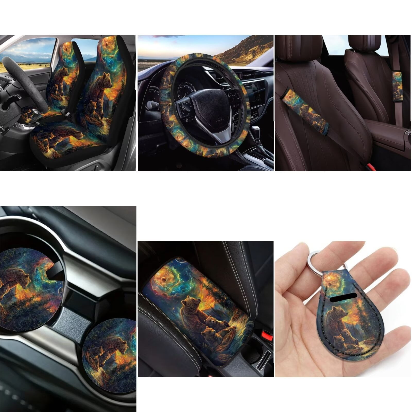 Ledback Bear Planet Printed Car Seat Covers Full Set, Soft Car Front & Back Seat Cover Steering Wheel Cover Car Armrest Cover Seat Belt Pad Coaster Keychain Car Interior Decor